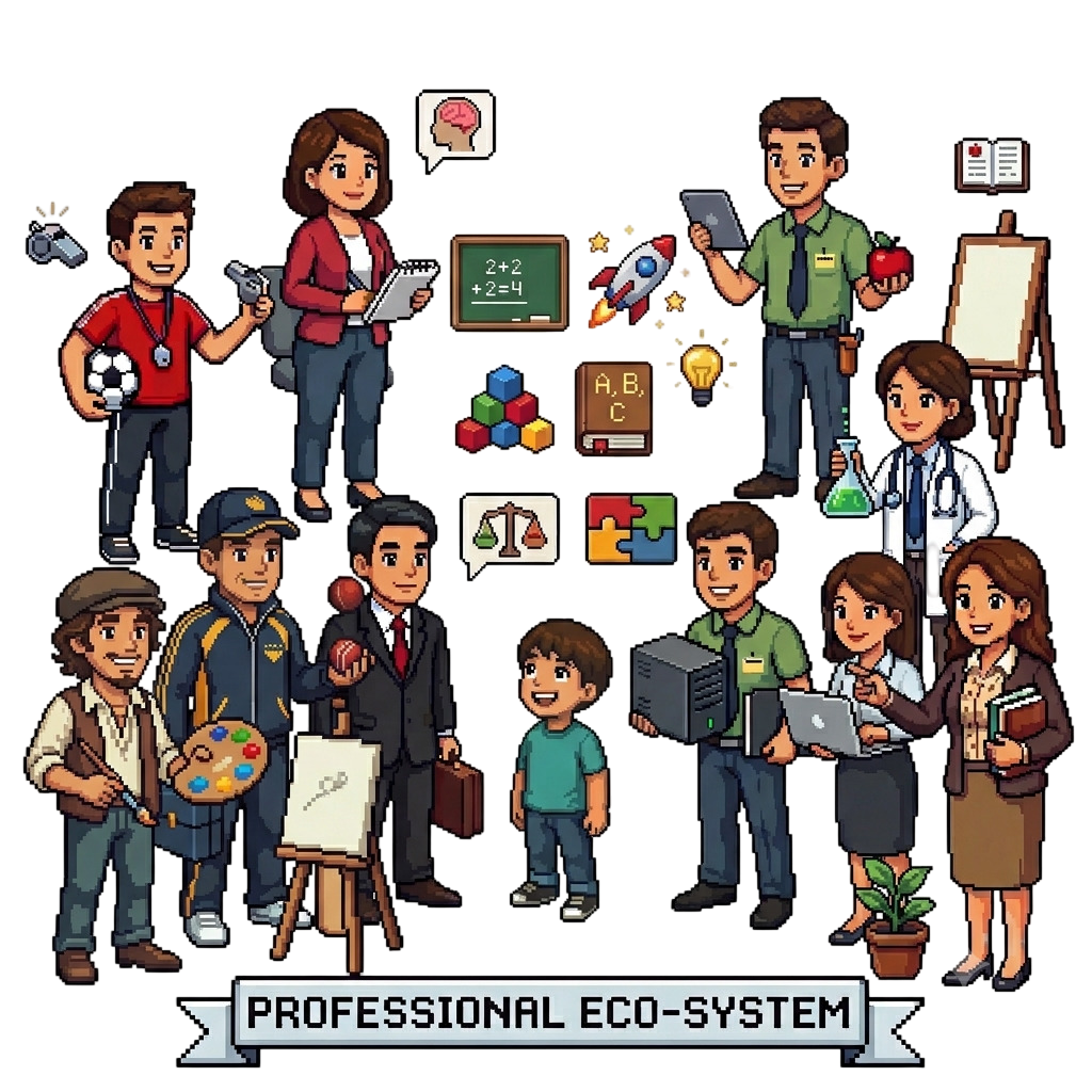 Illustration of a child surrounded by a supportive network of professionals: coaches, teachers, doctors, therapists, and mentors