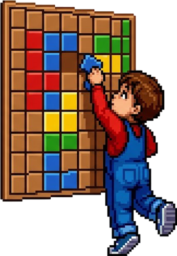 Pixel-art child fitting puzzle tiles into a wall